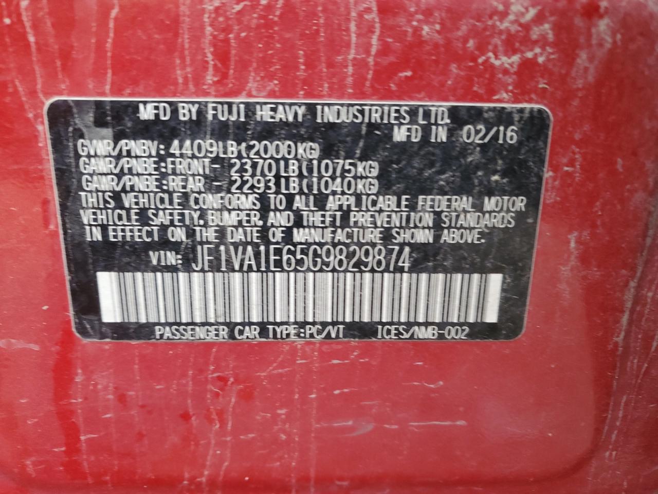 2016 Subaru WRX VIN JF1VA1E65G9829874 Copart auction photo, mechanical damage thumbnail 12