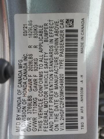 2021 Honda Civic VIN 2HGFC2F63MH549820 Copart auction photo, all over damage thumbnail 12