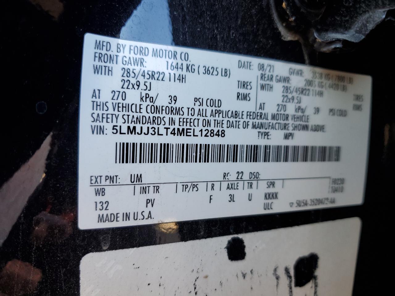 2021 Lincoln Navigator VIN 5LMJJ3LT4MEL12848 Copart auction photo, front end damage thumbnail 14