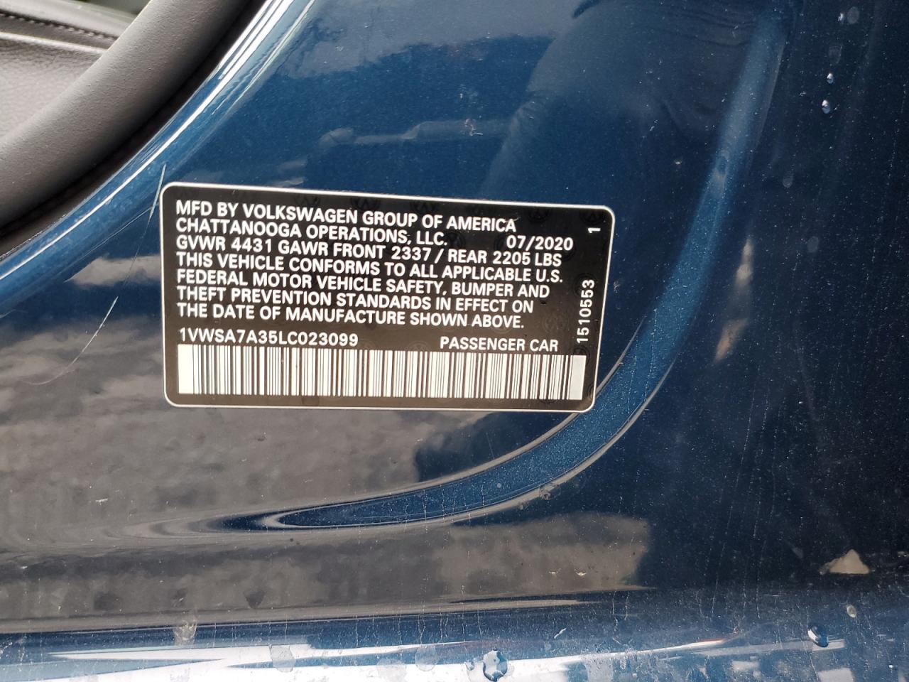 2020 Volkswagen Passat VIN 1VWSA7A35LC023099 Copart auction photo, front end damage thumbnail 13