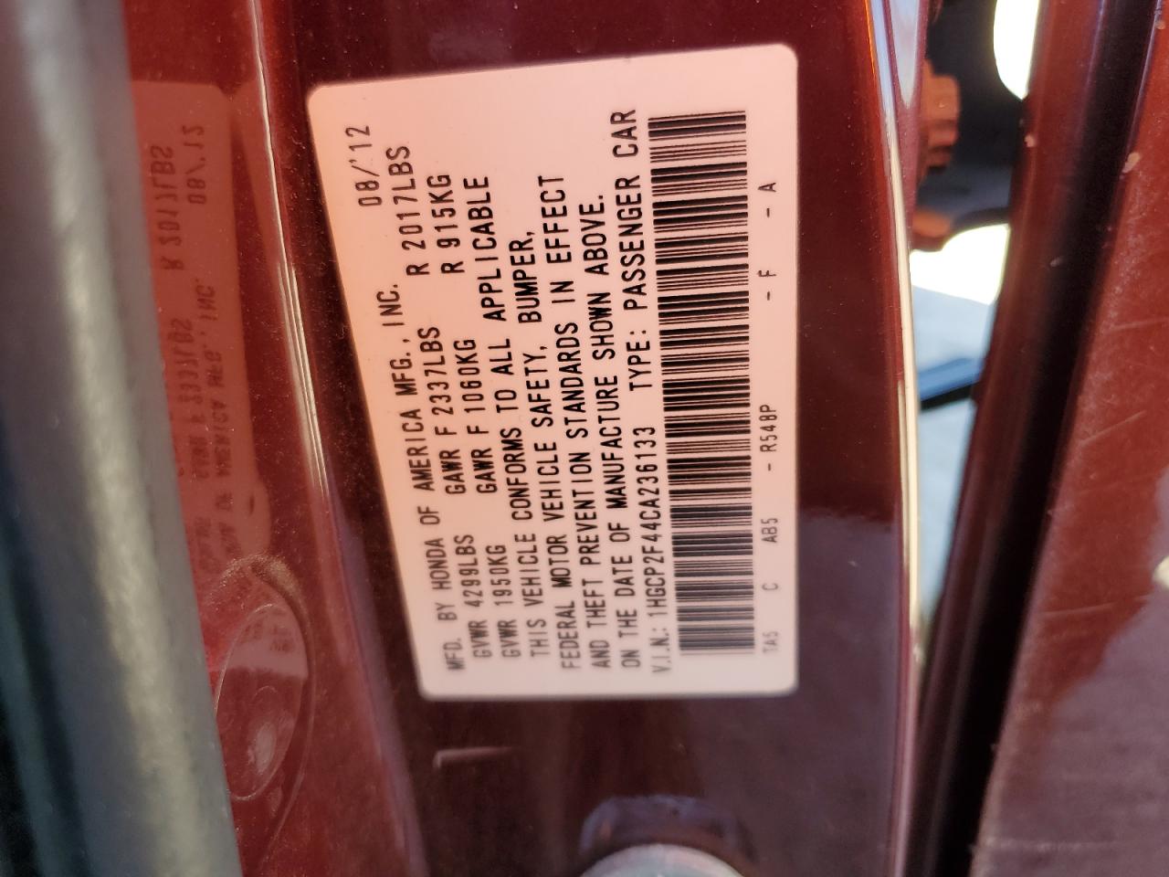 2012 Honda Accord VIN 1HGCP2F44CA236133 Copart auction photo, rear end damage thumbnail 12