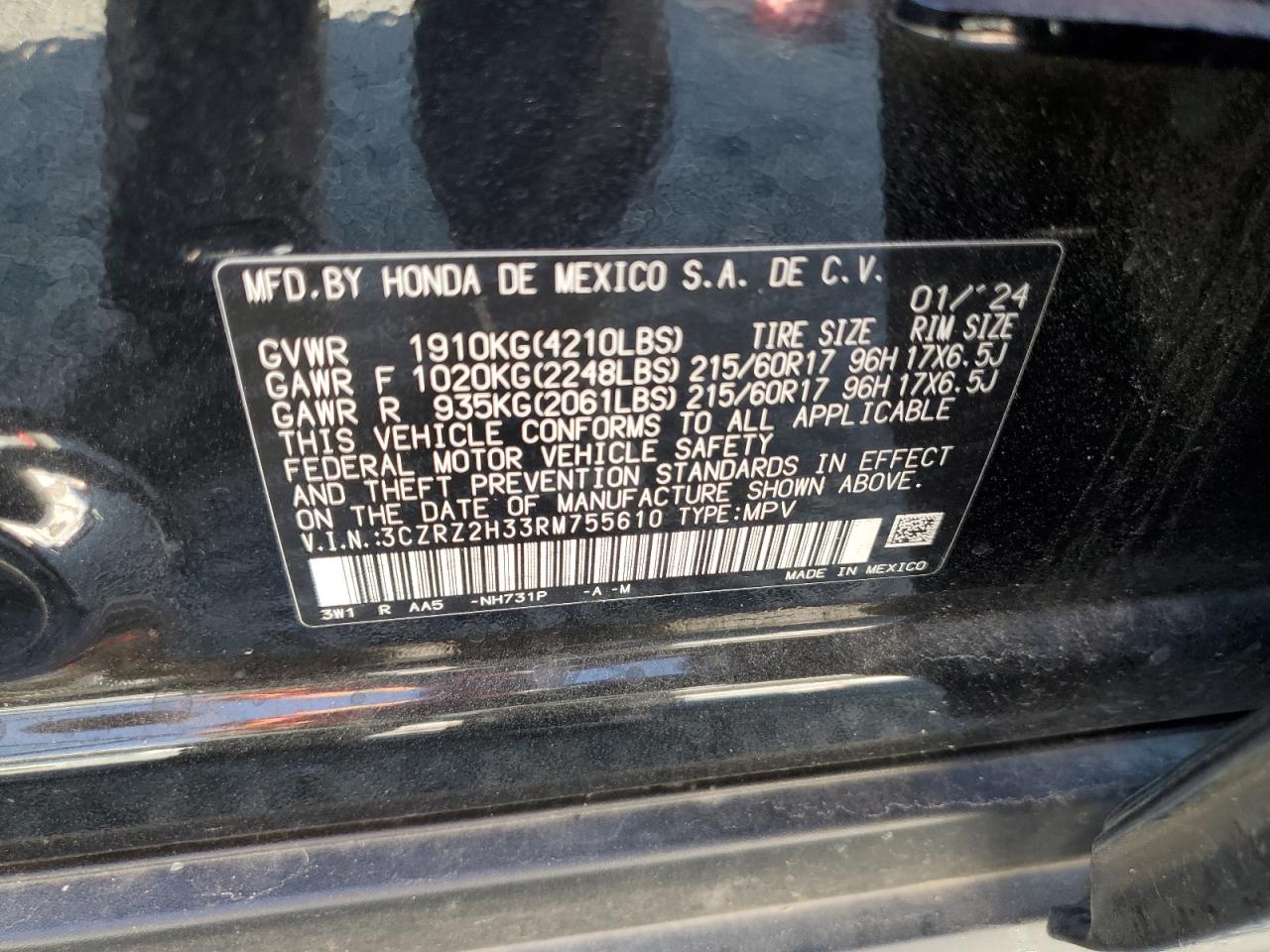 2024 Honda HR-V VIN 3CZRZ2H33RM755610 Copart auction photo, side damage thumbnail 14