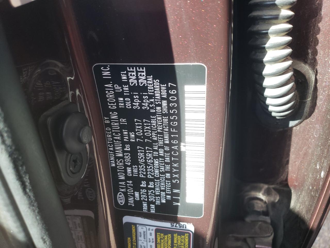 2015 KIA Sorento VIN 5XYKTCA61FG553067 Copart auction photo, front end damage thumbnail 14