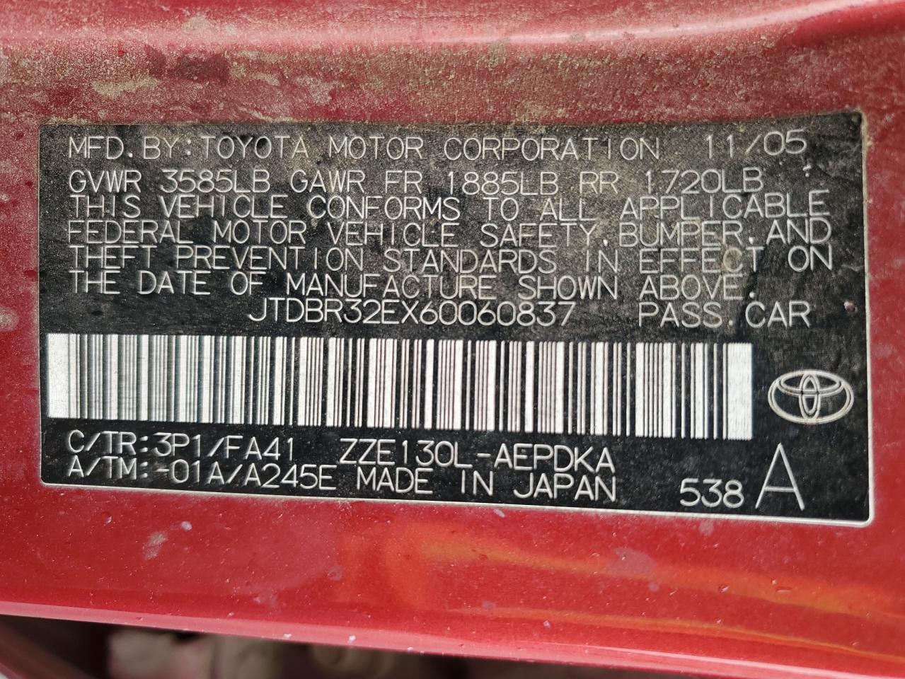 2006 Toyota Corolla VIN JTDBR32EX60060837 Copart auction photo, damage history / mechanical damage thumbnail 12
