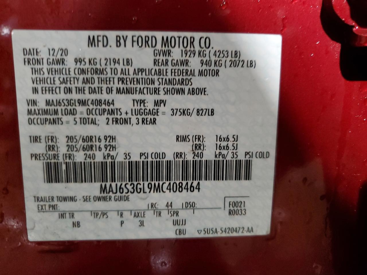 2021 Ford EcoSport VIN MAJ6S3GL9MC408464 Copart auction photo, side damage thumbnail 15