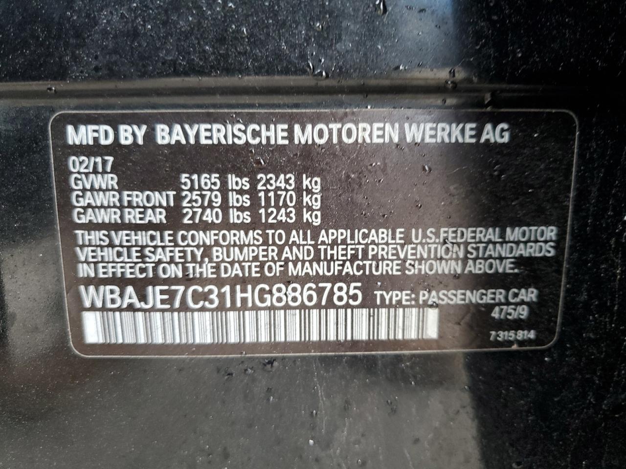2017 BMW 5er VIN WBAJE7C31HG886785 Copart auction photo, front end / side damage thumbnail 13