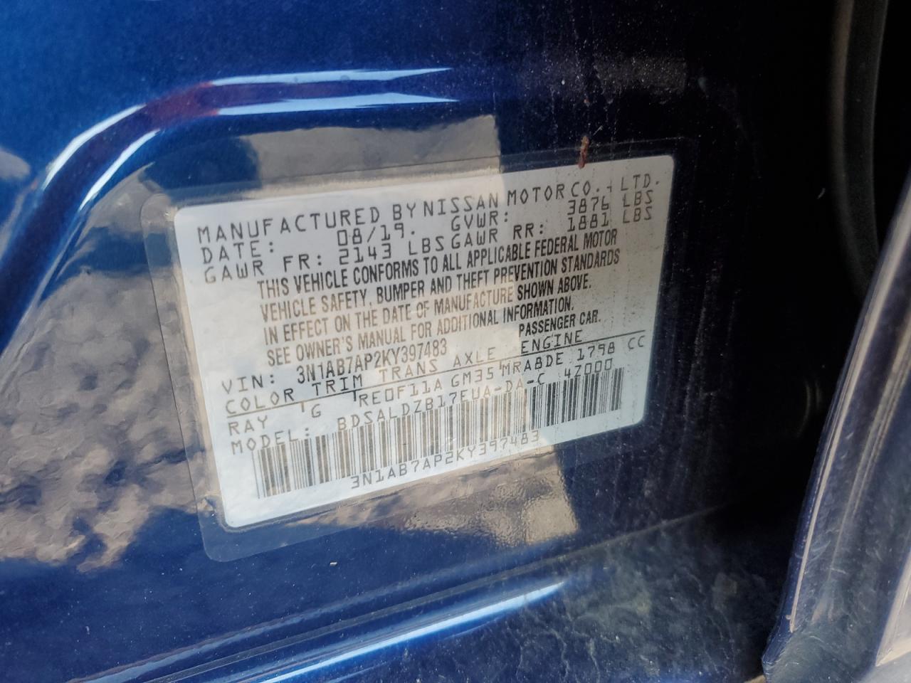 2019 Nissan Sentra VIN 3N1AB7AP2KY397483 Copart auction photo, front end / undercarriage damage thumbnail 14