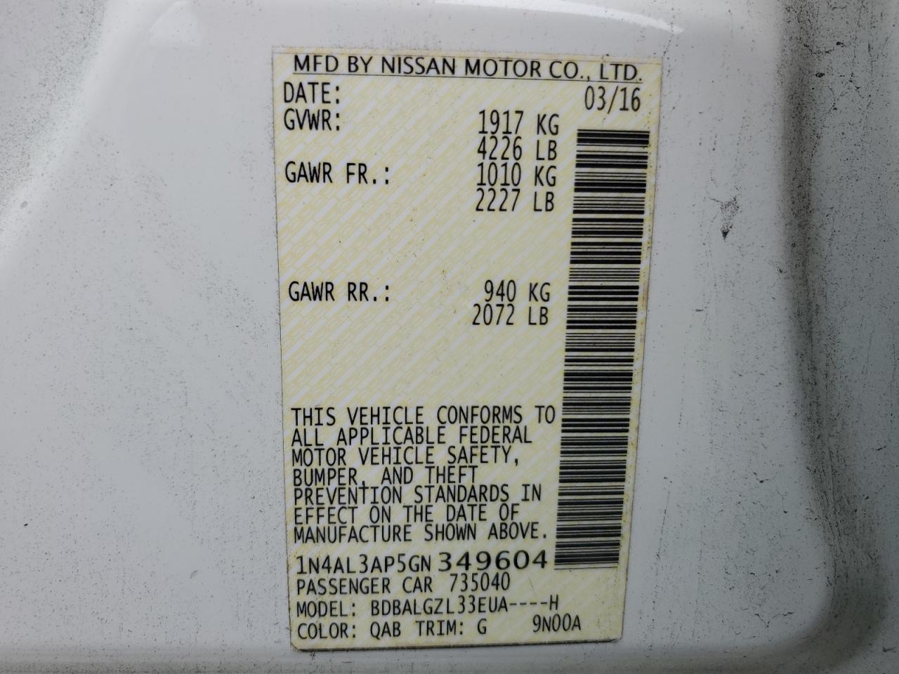 2016 Nissan Altima VIN 1N4AL3AP5GN349604 Copart auction photo, rear end / minor dent/scratches damage thumbnail 12