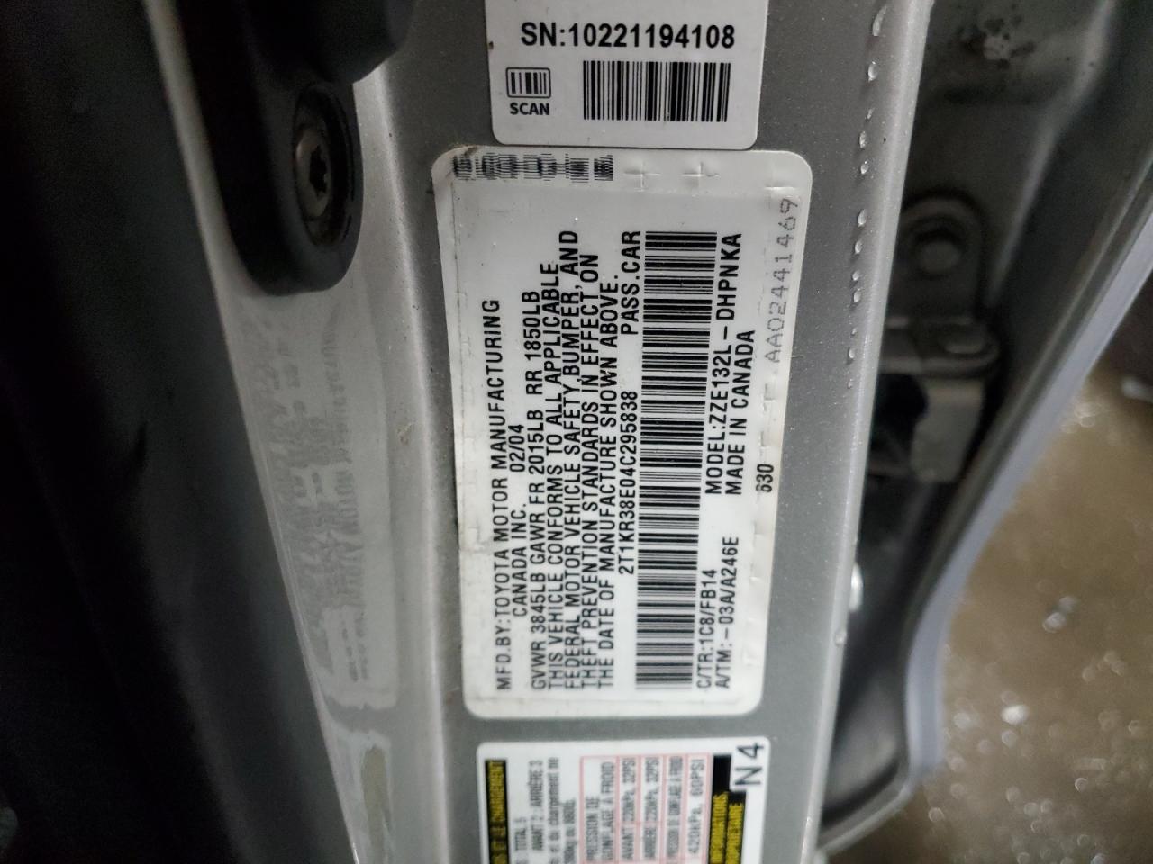 2004 Toyota Corolla VIN 2T1KR38E04C295838 Copart auction photo, front end damage thumbnail 13