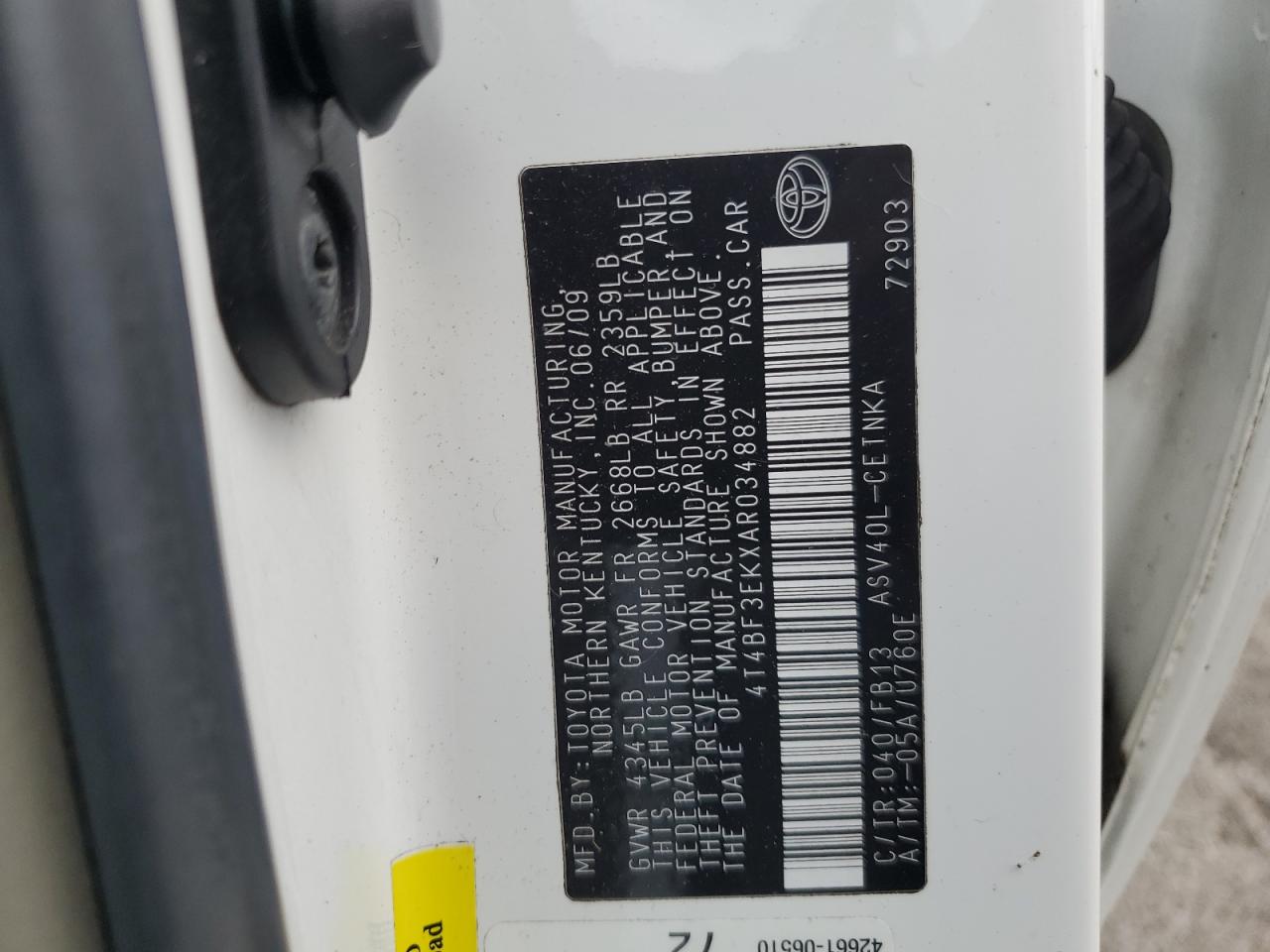 2010 Toyota Camry VIN 4T4BF3EKXAR034882 Copart auction photo, front end / minor dent/scratches damage thumbnail 12