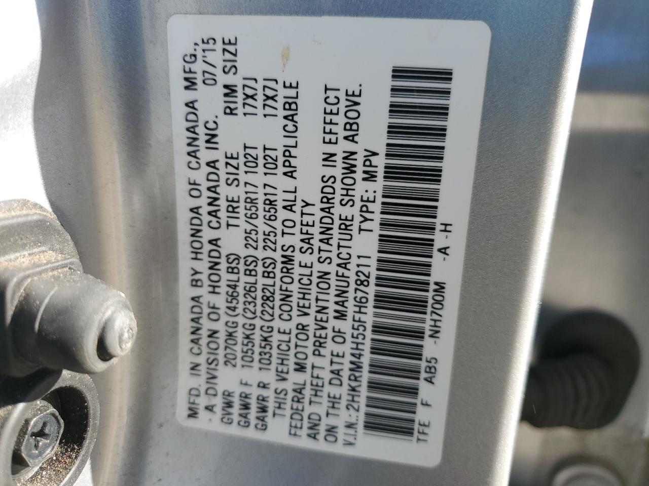 2015 Honda CR-V VIN 2HKRM4H55FH678211 Copart auction photo, front end / rear end damage thumbnail 14