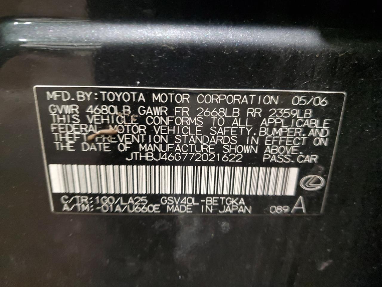 2007 Lexus ES VIN JTHBJ46G772021622 Copart auction photo, front end / side damage thumbnail 12