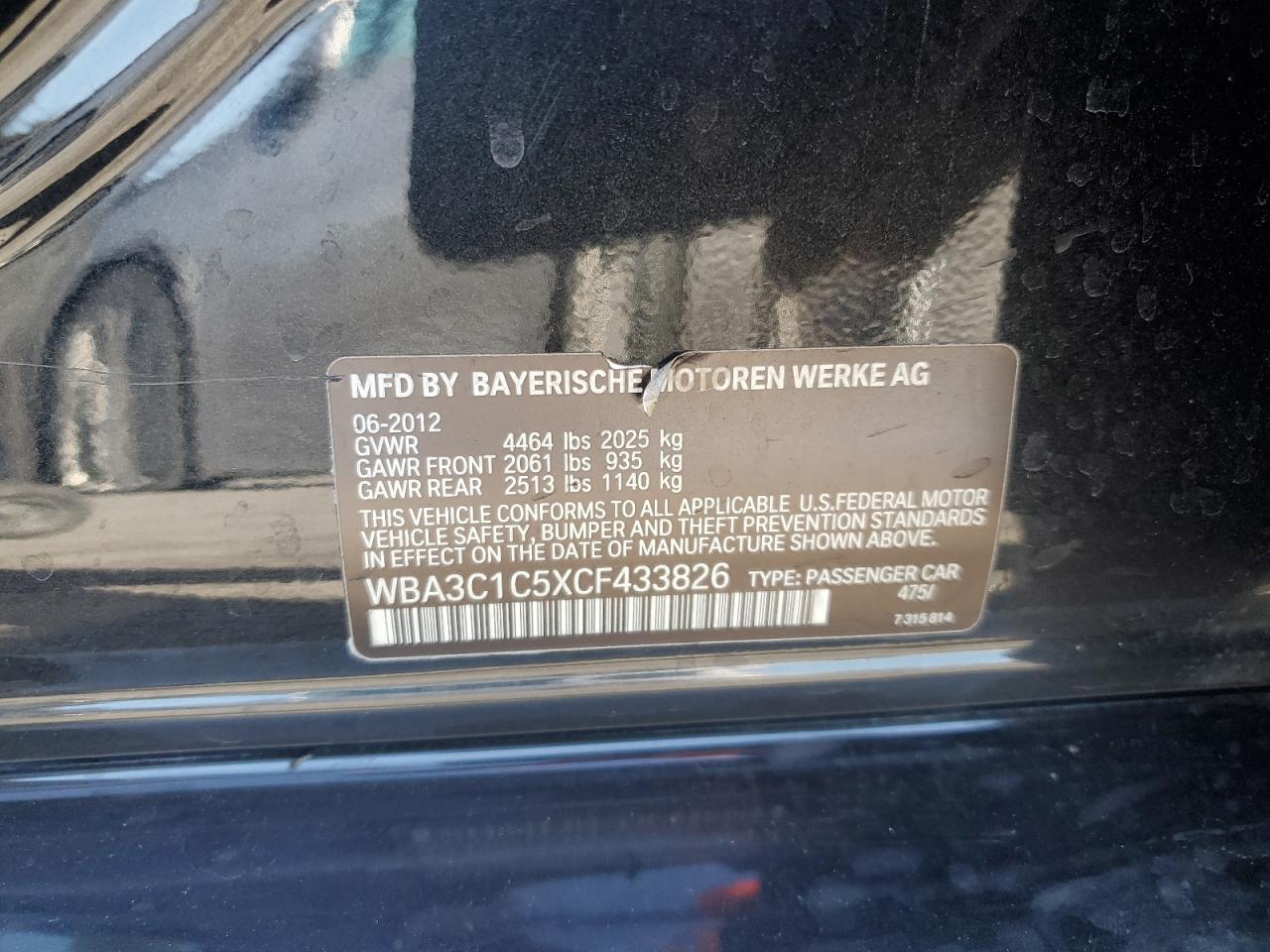 2012 BMW 3er VIN WBA3C1C5XCF433826 Copart auction photo, front end damage thumbnail 14
