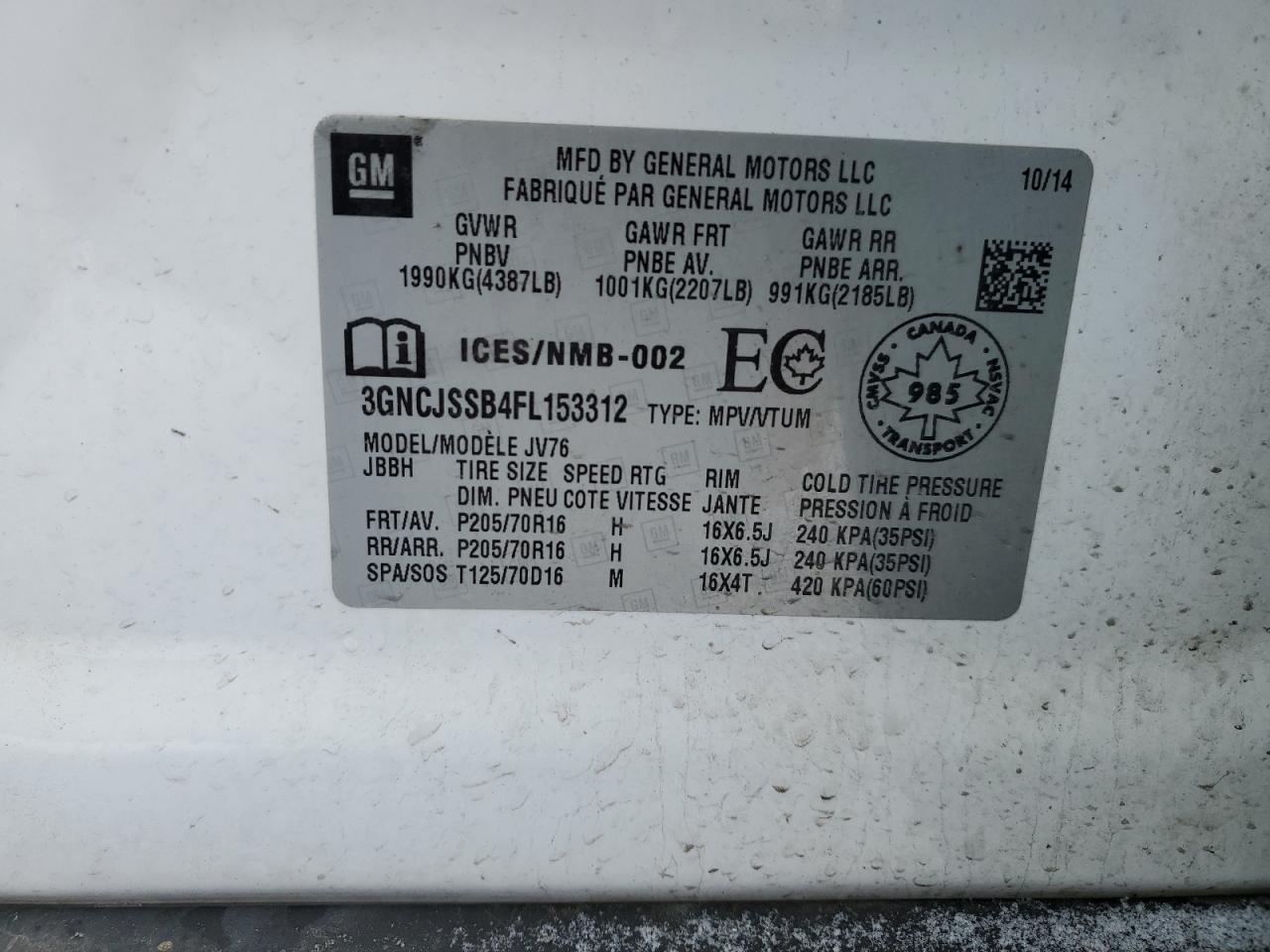 2015 Chevrolet Trax VIN 3GNCJSSB4FL153312 Copart auction photo, rear end / minor dent/scratches damage thumbnail 12
