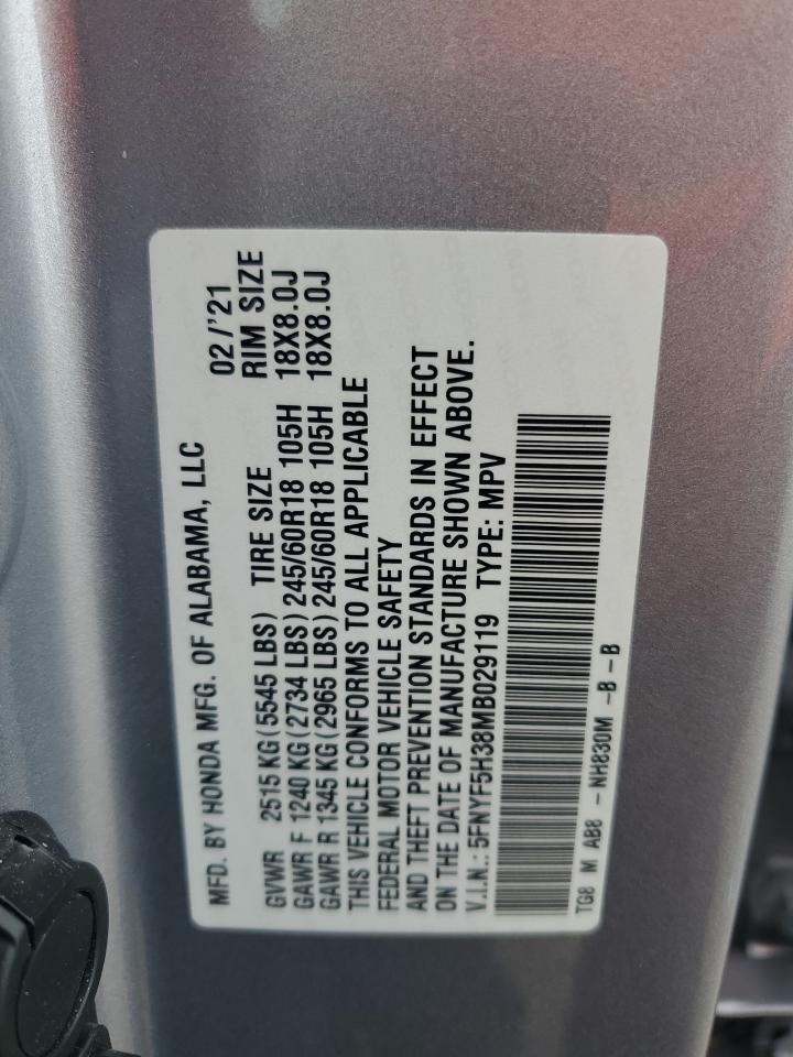 2021 Honda Pilot VIN 5FNYF5H38MB029119 Copart auction photo, front end damage thumbnail 14