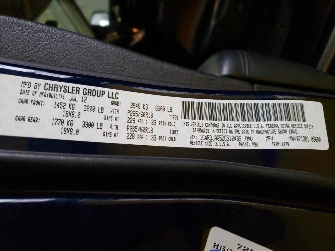 2013 Dodge Durango VIN 1C4RDJAG5DC512435 Copart auction photo, hail / mechanical damage thumbnail 13