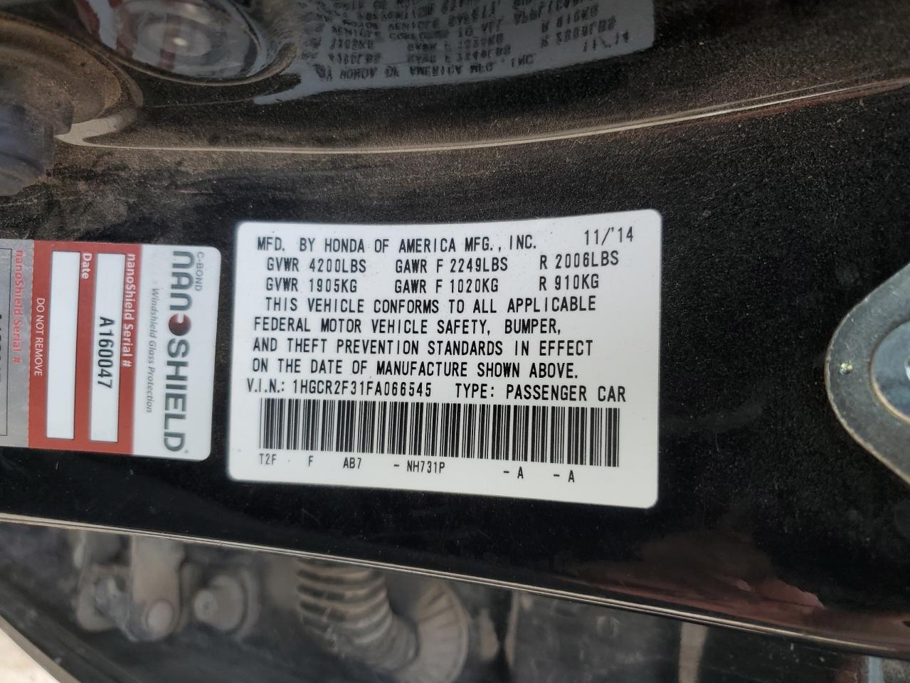 2015 Honda Accord VIN 1HGCR2F31FA066545 Copart auction photo, front end / minor dent/scratches damage thumbnail 12