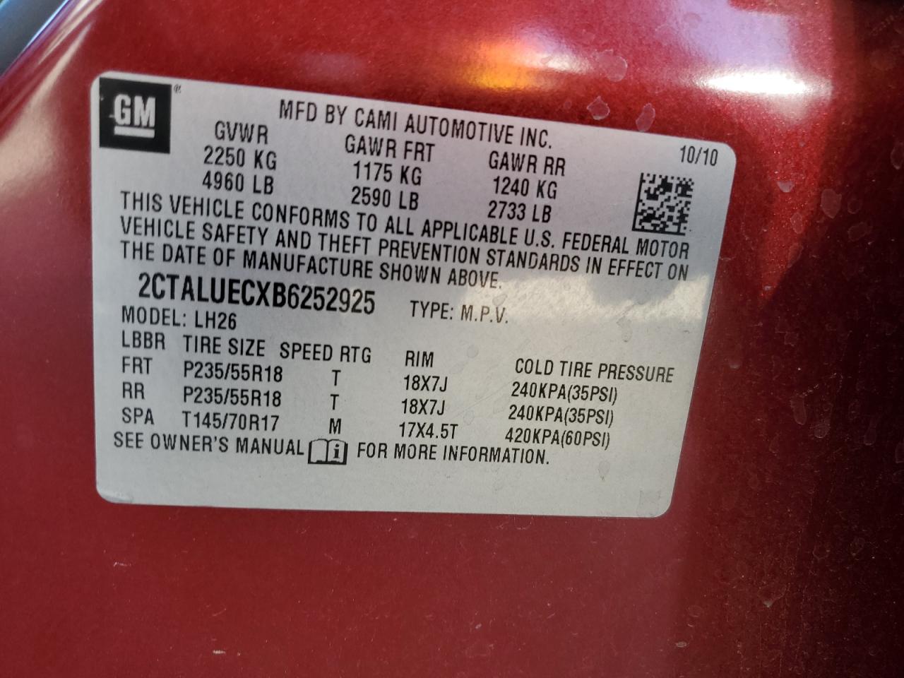 2011 GMC Terrain VIN 2CTALUECXB6252925 Copart auction photo, rear end / mechanical damage thumbnail 12