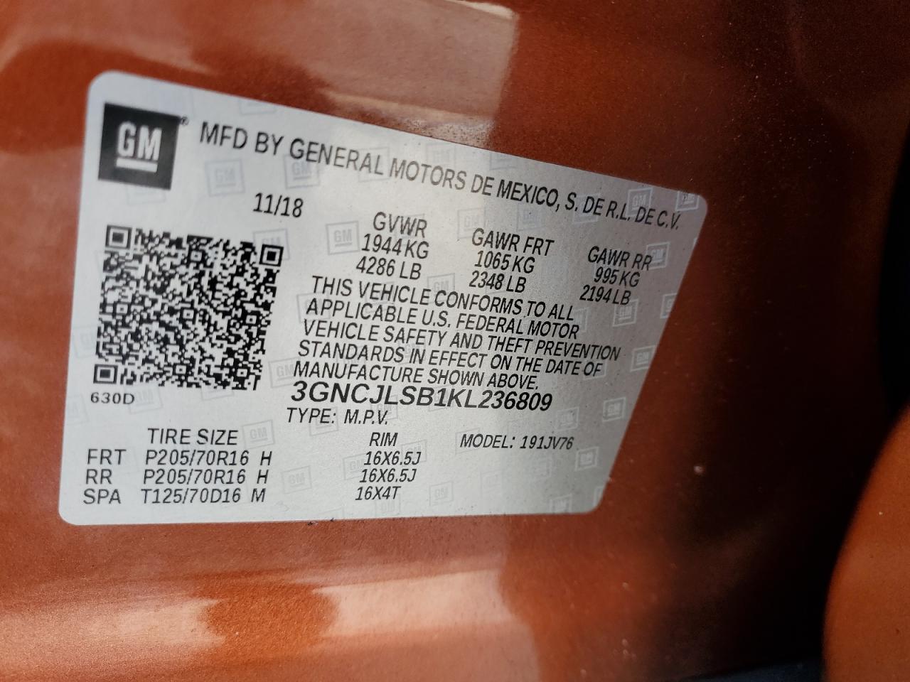 2019 Chevrolet Trax VIN 3GNCJLSB1KL236809 Copart auction photo, frame damage / all over damage thumbnail 14