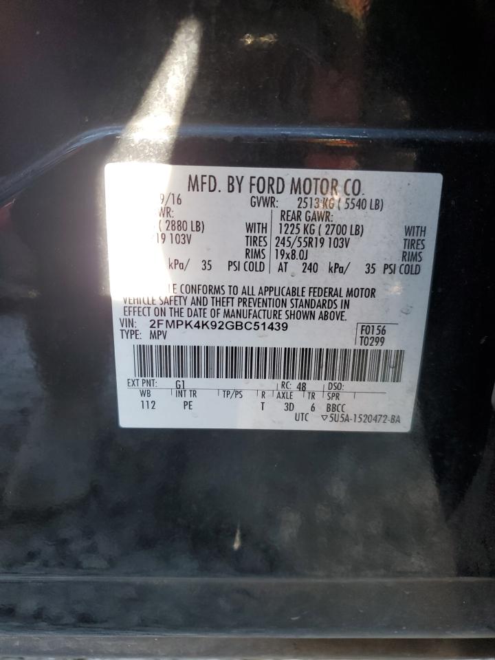 2016 Ford Edge VIN 2FMPK4K92GBC51439 Copart auction photo, front end / side damage thumbnail 13