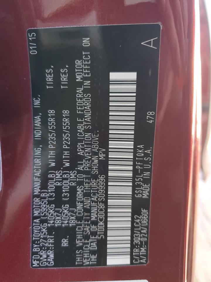 2015 Toyota Sienna VIN 5TDDK3DC8FS099996 Copart auction photo, rear end damage thumbnail 14