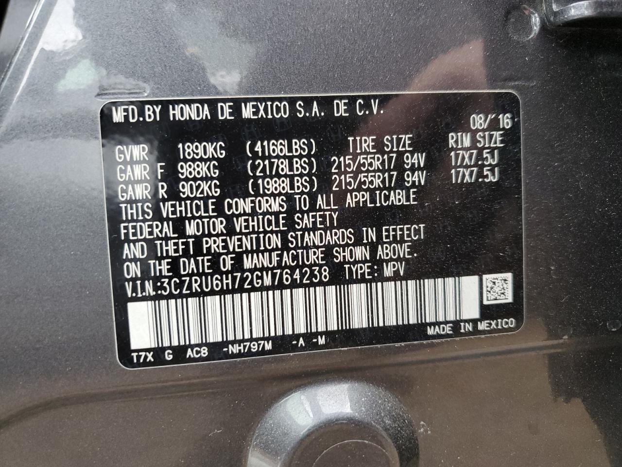 2016 Honda HR-V VIN 3CZRU6H72GM764238 Copart auction photo, front end / side damage thumbnail 12