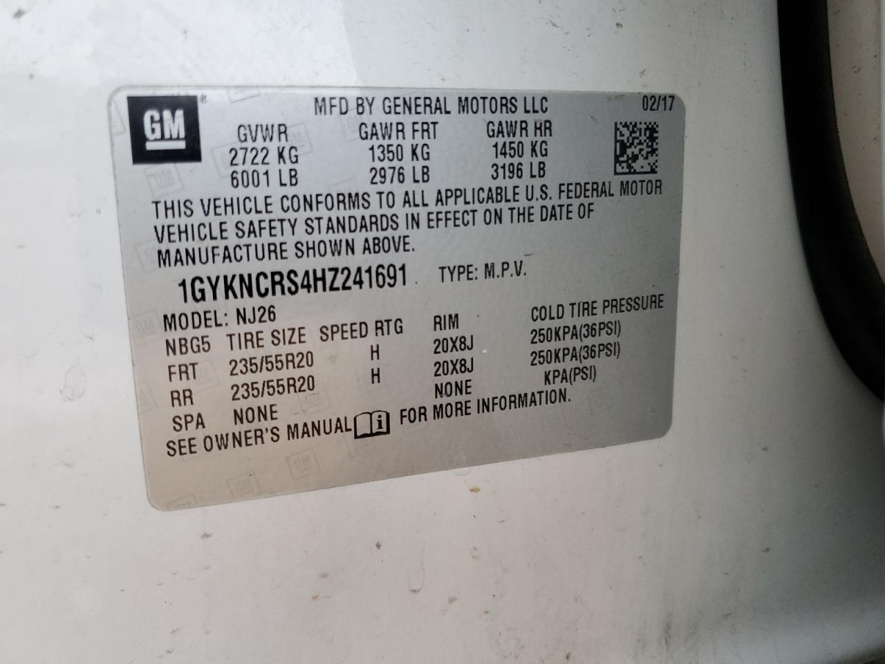 2017 Cadillac XT5 VIN 1GYKNCRS4HZ241691 Copart auction photo, front end damage thumbnail 16