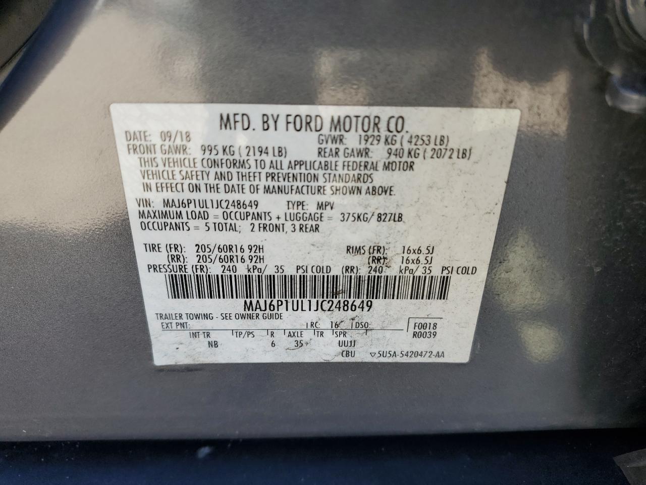 2018 Ford EcoSport VIN MAJ6P1UL1JC248649 Copart auction photo, side / undercarriage damage thumbnail 13