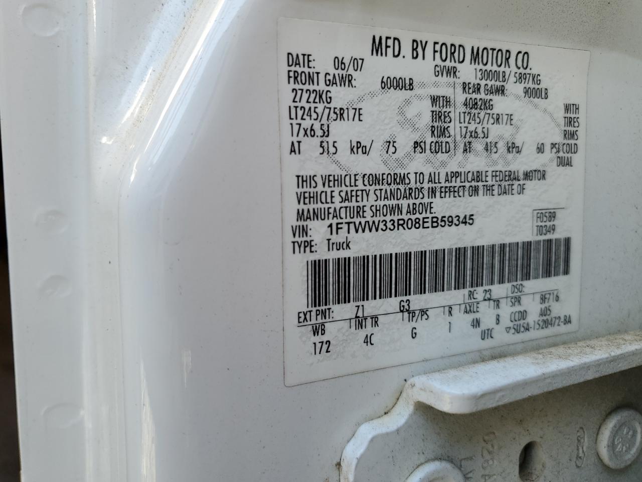 2008 Ford F350 VIN 1FTWW33R08EB59345 Copart auction photo, all over damage thumbnail 14