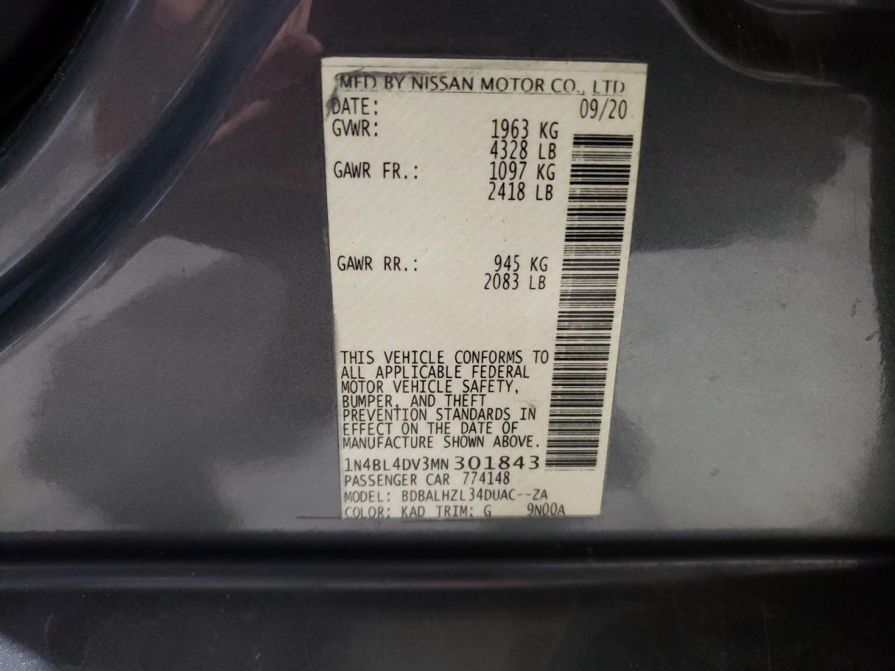 2021 Nissan Altima VIN 1N4BL4DV3MN301843 Copart auction photo, front end damage thumbnail 12
