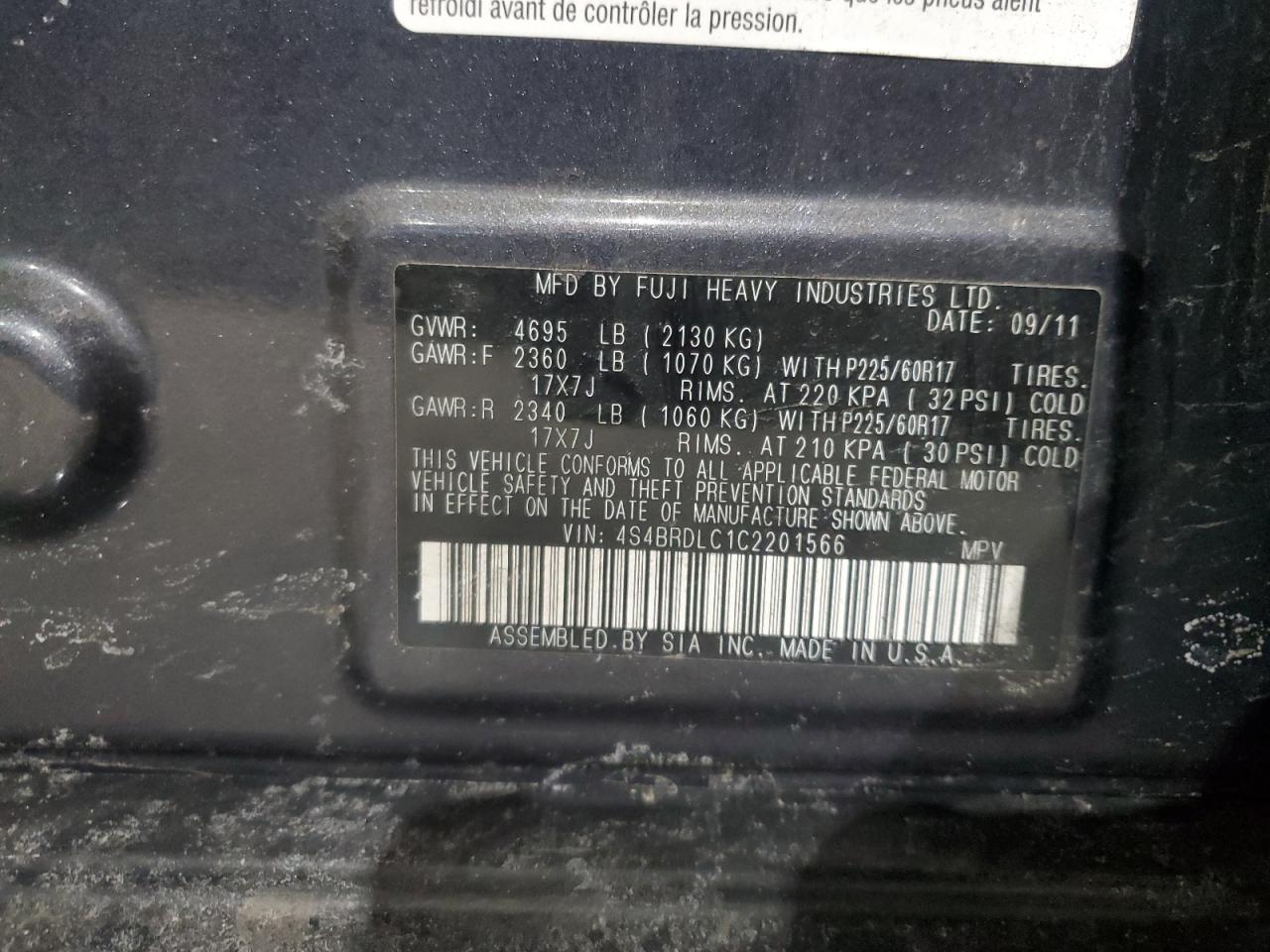 2012 Subaru Outback VIN 4S4BRDLC1C2201566 Copart auction photo, rear end / minor dent/scratches damage thumbnail 12