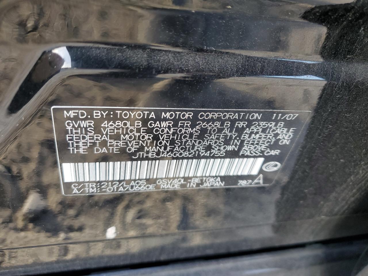 2008 Lexus ES VIN JTHBJ46G082194755 Copart auction photo, front end damage thumbnail 12