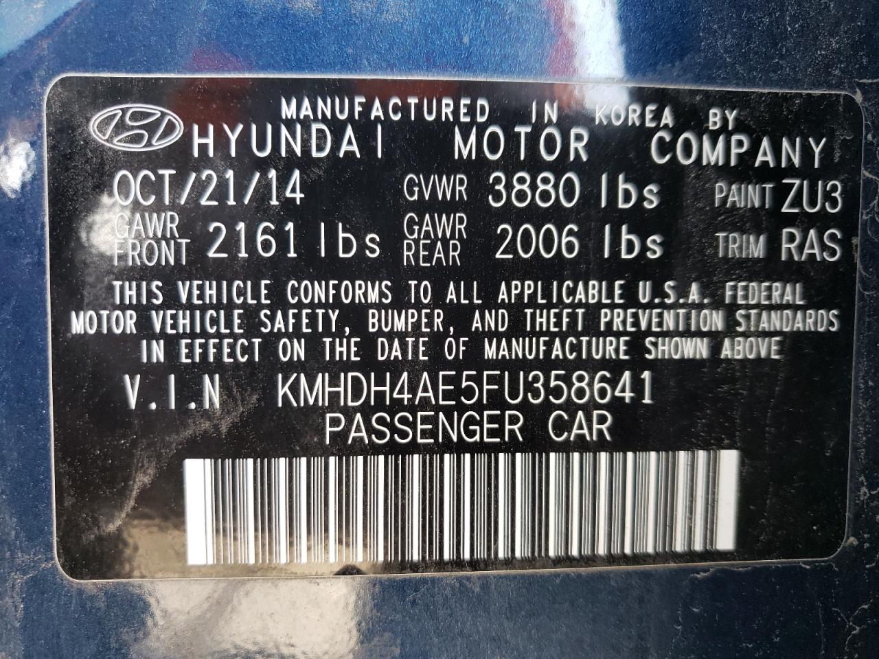 2015 Hyundai Elantra VIN KMHDH4AE5FU358641 Copart auction photo, front end / side damage thumbnail 13