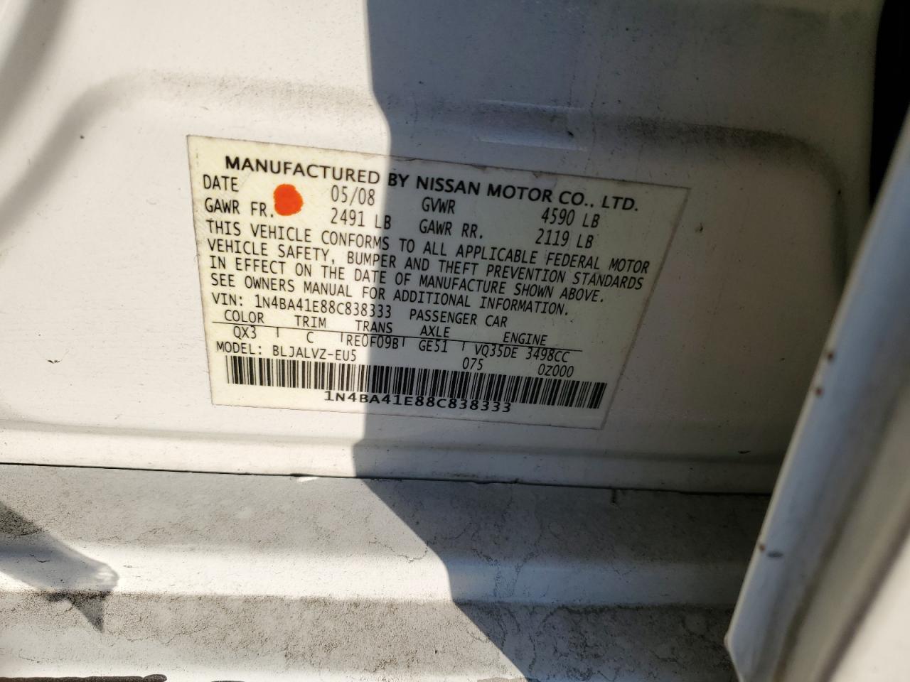 2008 Nissan Maxima VIN 1N4BA41E88C838333 Copart auction photo, rear end / side damage thumbnail 13