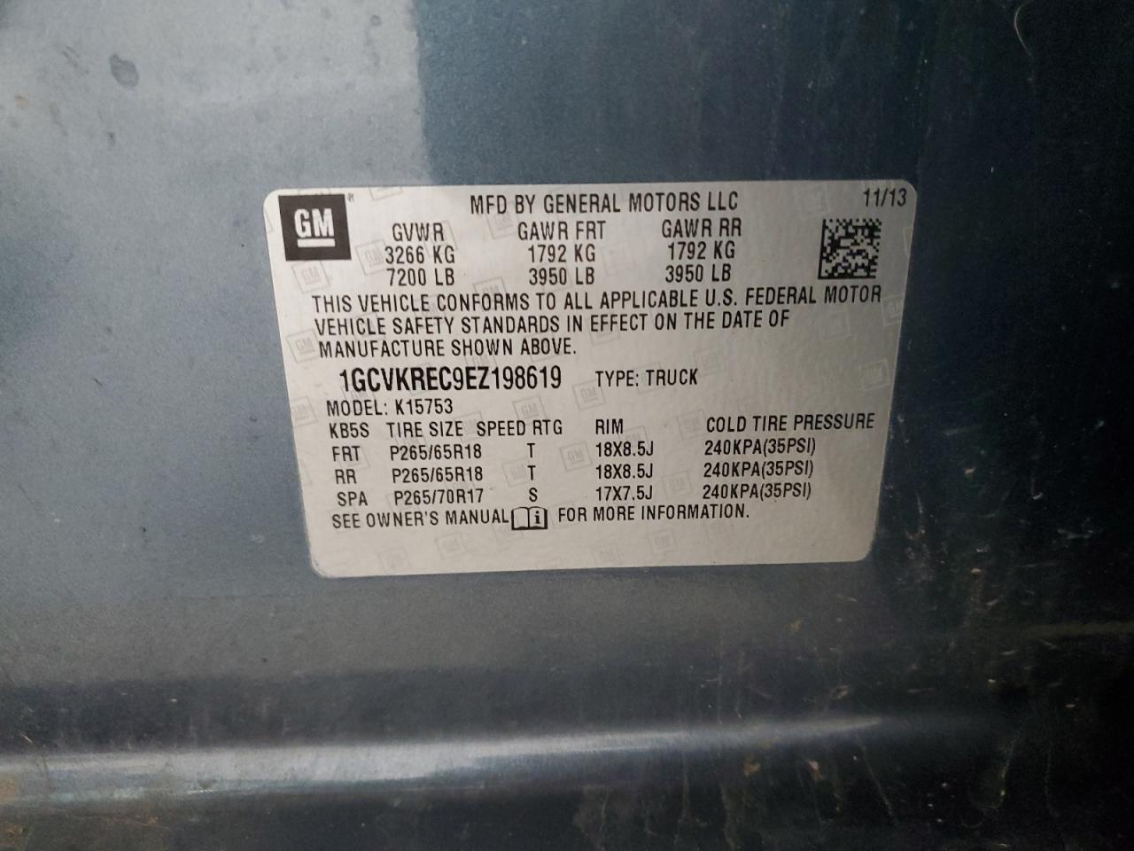 2014 Chevrolet Silverado VIN 1GCVKREC9EZ198619 Copart auction photo, front end / side damage thumbnail 13