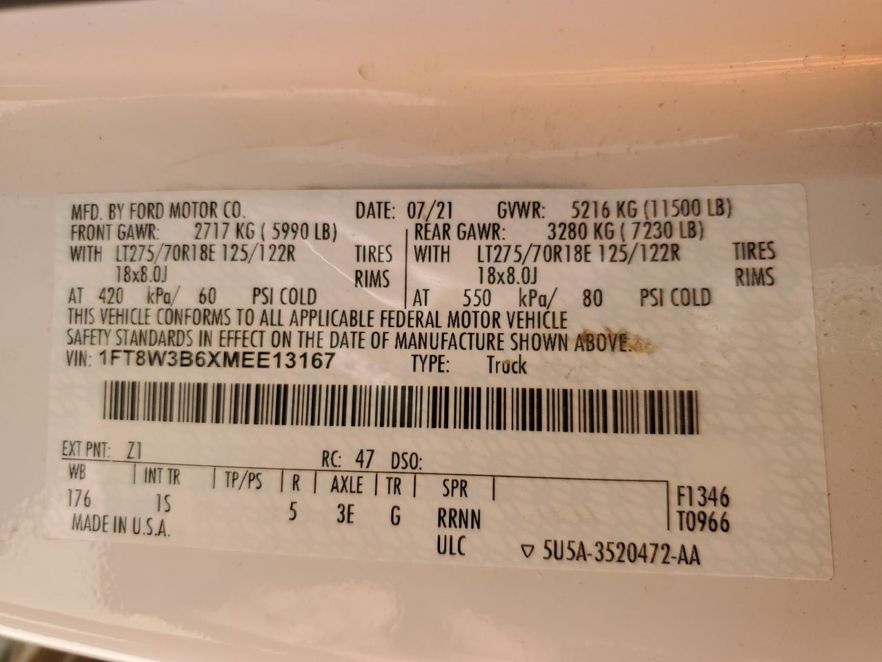 2021 Ford F350 VIN 1FT8W3B6XMEE13167 Copart auction photo, rear end / undercarriage damage thumbnail 14