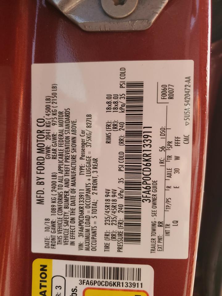 2019 Ford Fusion VIN 3FA6P0CD6KR133911 Copart auction photo, front end damage thumbnail 12
