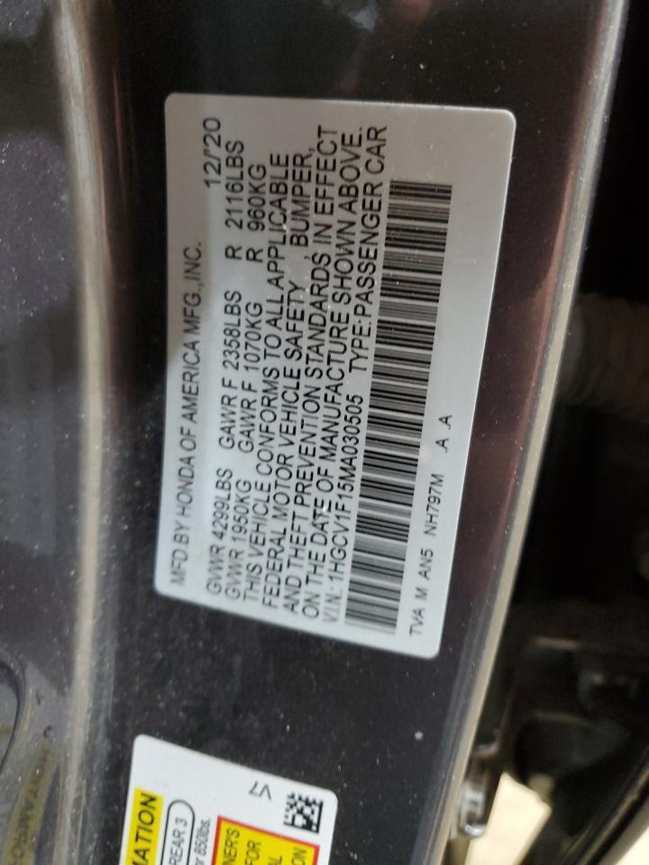 2021 Honda Accord VIN 1HGCV1F15MA030505 Copart auction photo, front end / rear end damage thumbnail 14