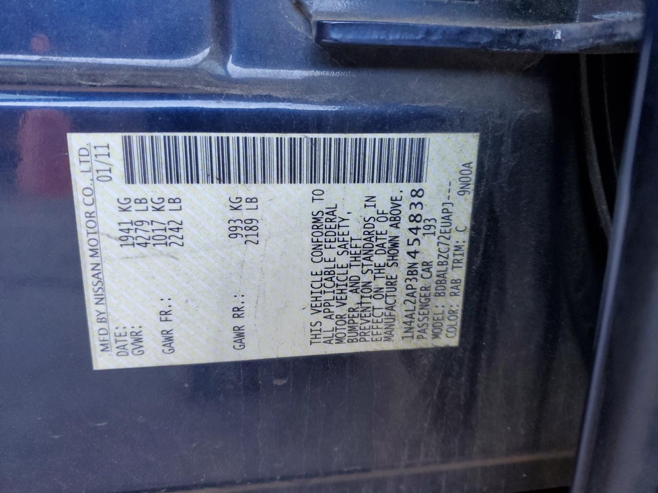2011 Nissan Altima VIN 1N4AL2AP3BN454838 Copart auction photo, front end damage thumbnail 12