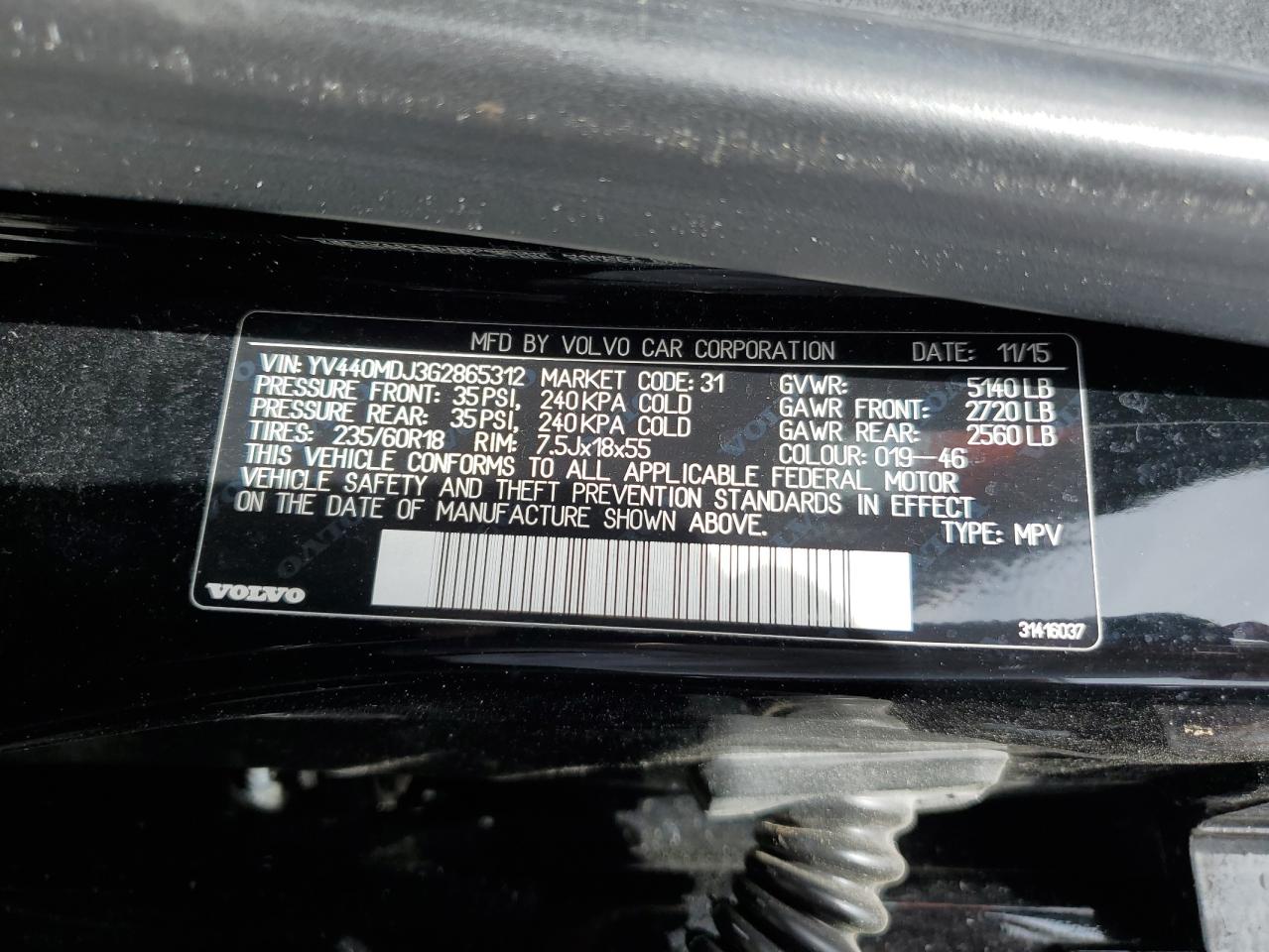 2016 Volvo XC60 VIN YV440MDJ3G2865312 Copart auction photo, all over damage thumbnail 14