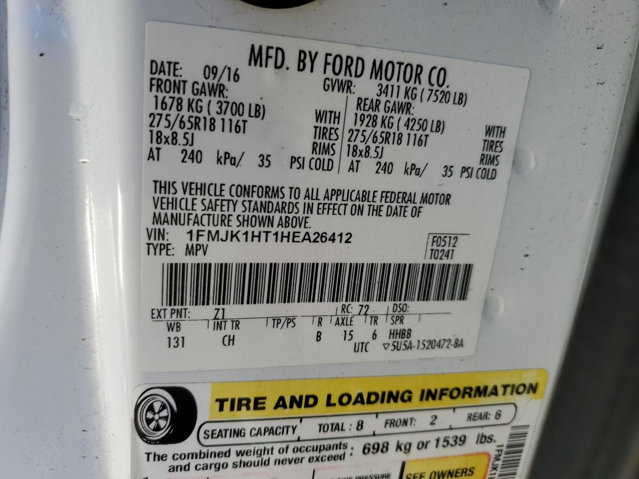2017 Ford Expedition VIN 1FMJK1HT1HEA26412 Copart auction photo, rear end damage thumbnail 12