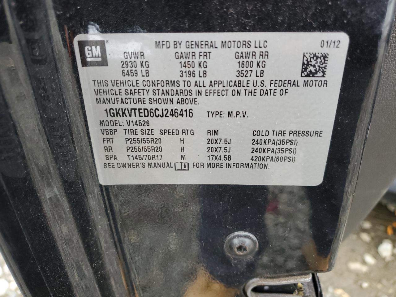 2012 GMC Acadia VIN 1GKKVTED6CJ246416 Copart auction photo, front end damage thumbnail 13