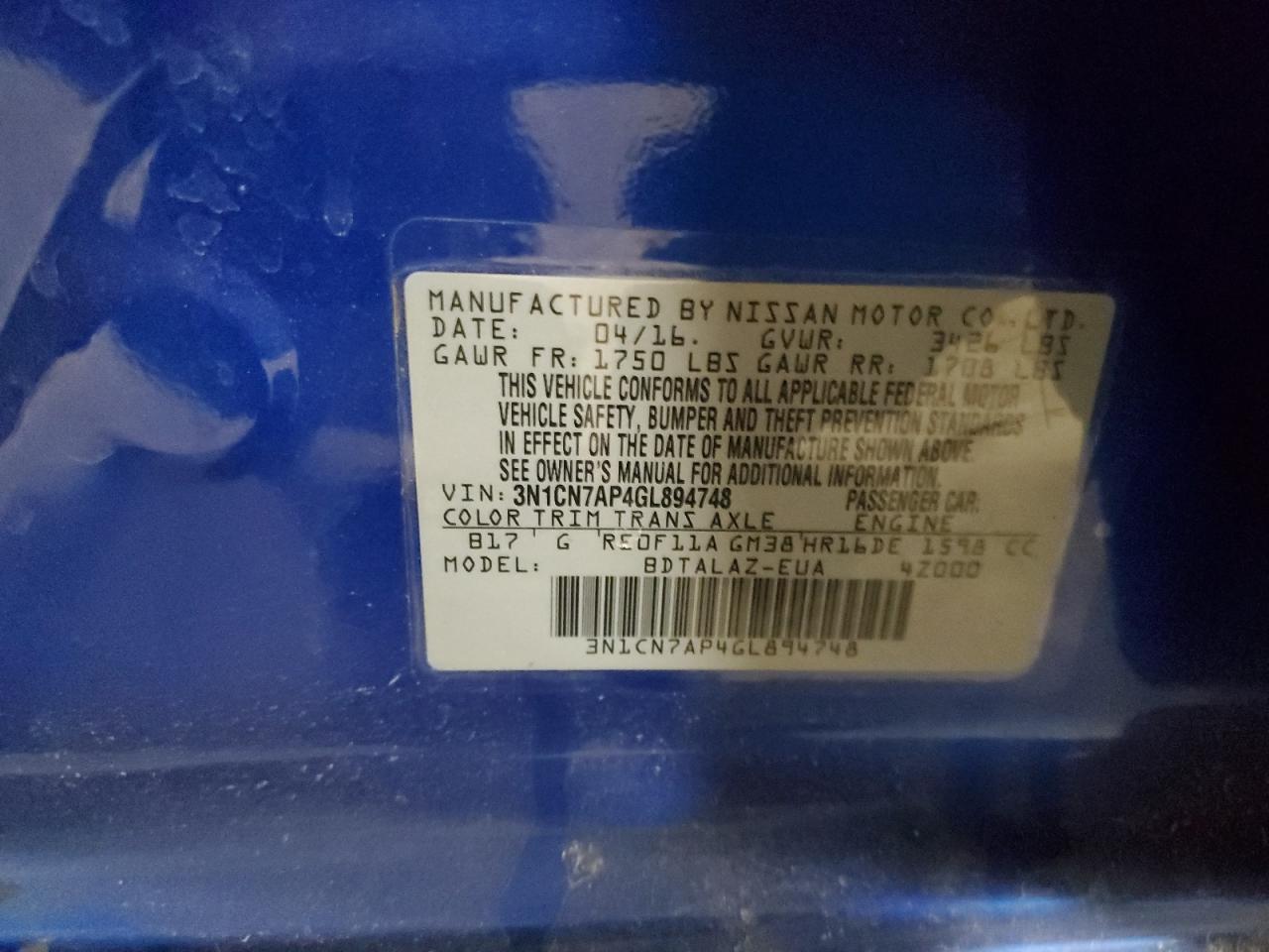 2016 Nissan Versa VIN 3N1CN7AP4GL894748 Copart auction photo, front end damage thumbnail 12