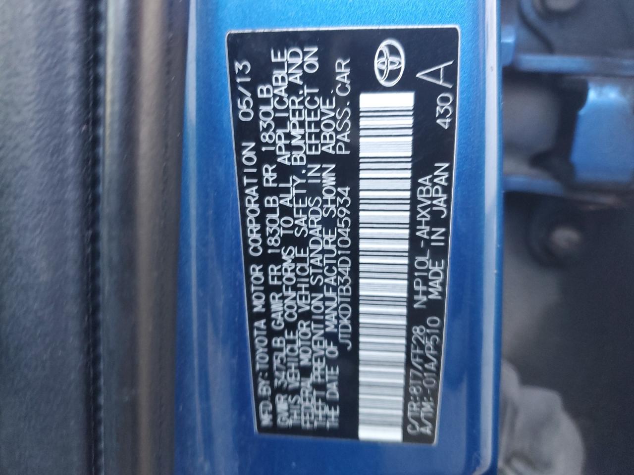 2013 Toyota Prius VIN JTDKDTB34D1045934 Copart auction photo, rear end / side damage thumbnail 14