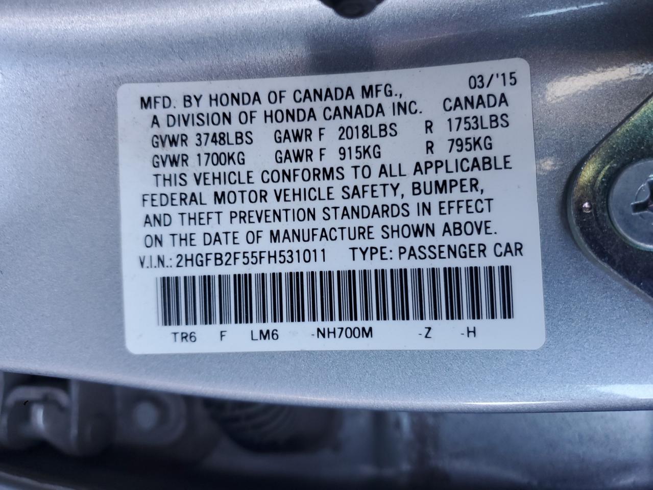 2015 Honda Civic VIN 2HGFB2F55FH531011 Copart auction photo, rear end damage thumbnail 12