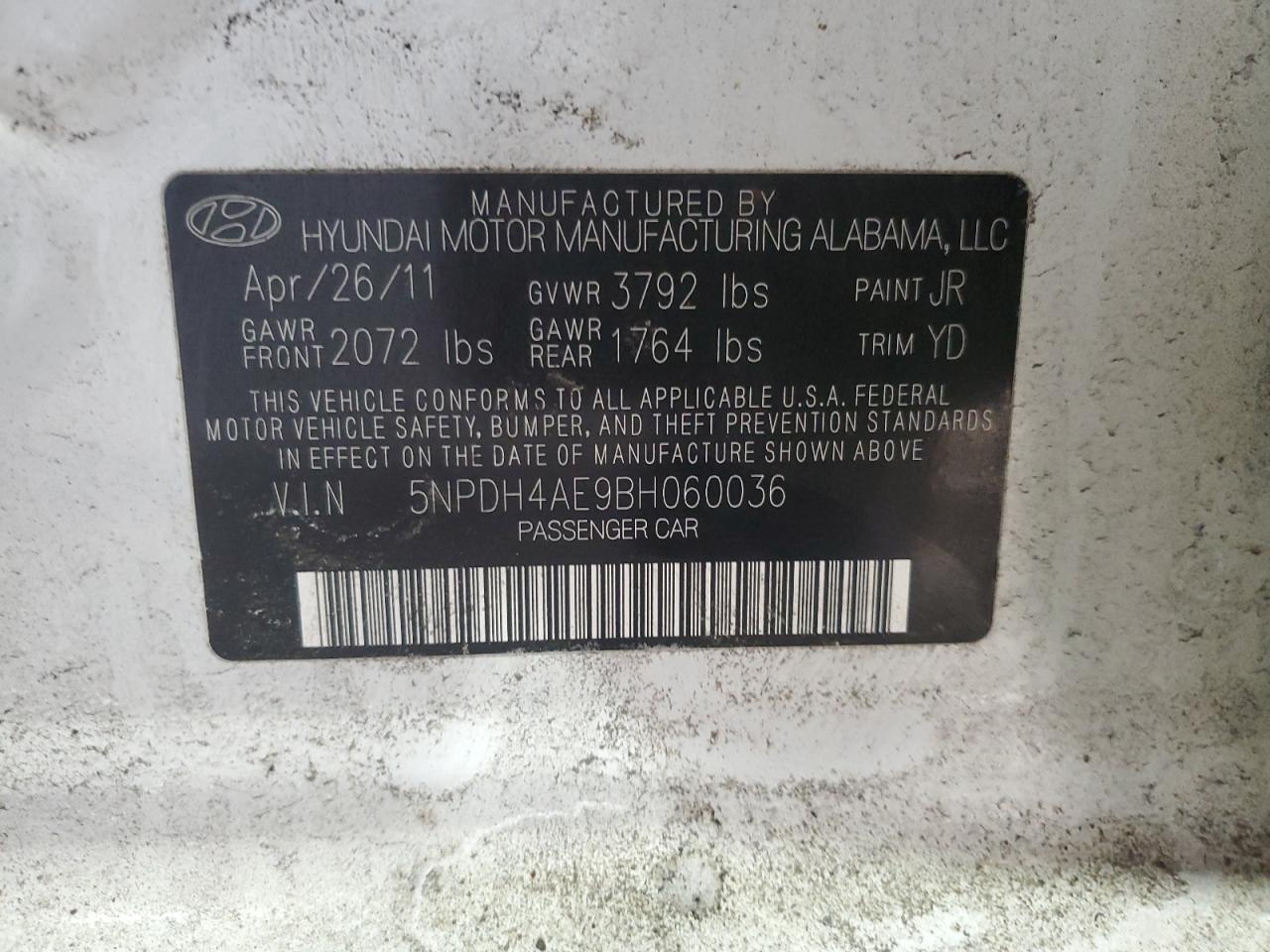 2011 Hyundai Elantra VIN 5NPDH4AE9BH060036 Copart auction photo, front end / side damage thumbnail 12