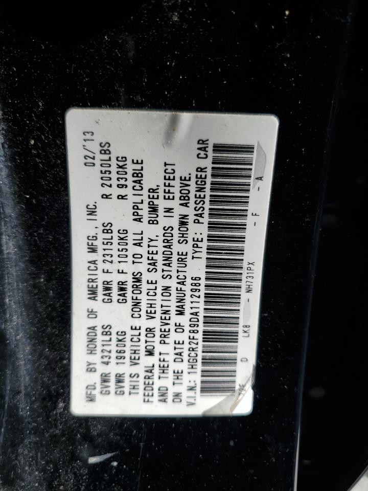 2013 Honda Accord VIN 1HGCR2F89DA112986 Copart auction photo, front end / rear end damage thumbnail 12
