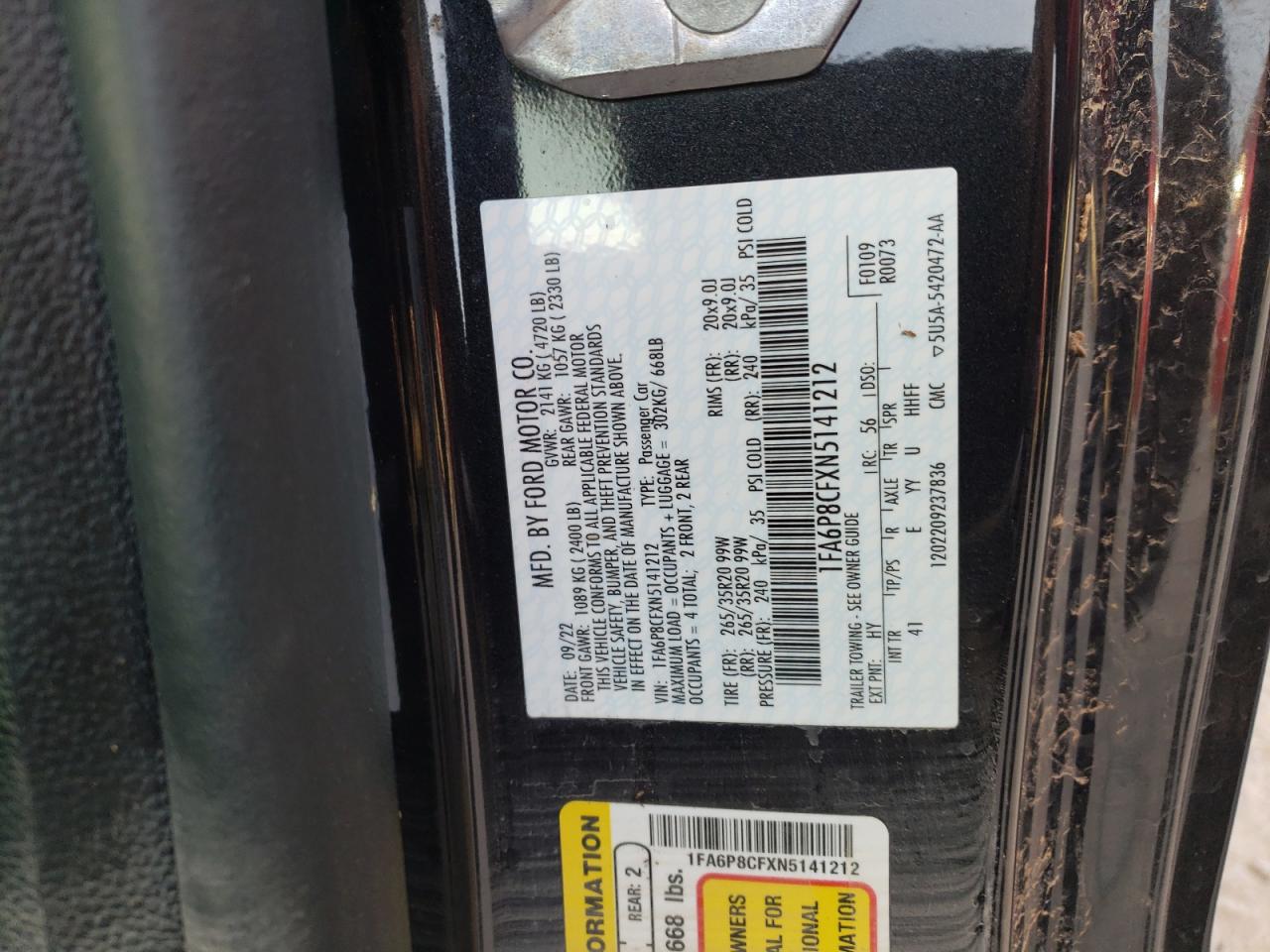 2022 Ford Mustang VIN 1FA6P8CFXN5141212 Copart auction photo, water/flood damage thumbnail 12