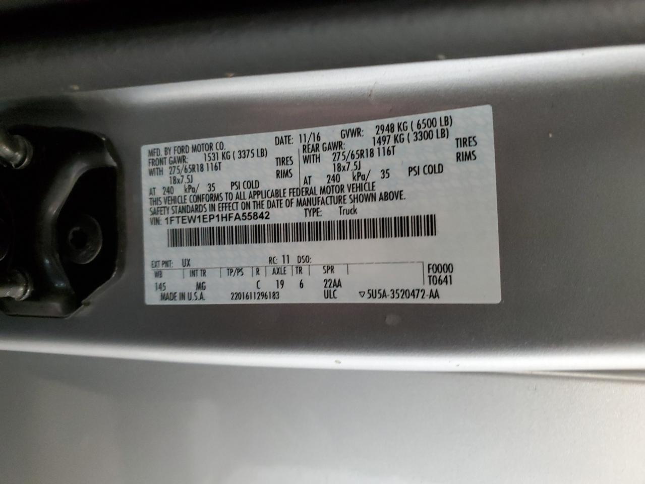 2017 Ford F-150 VIN 1FTEW1EP1HFA55842 Copart auction photo, front end / side damage thumbnail 14