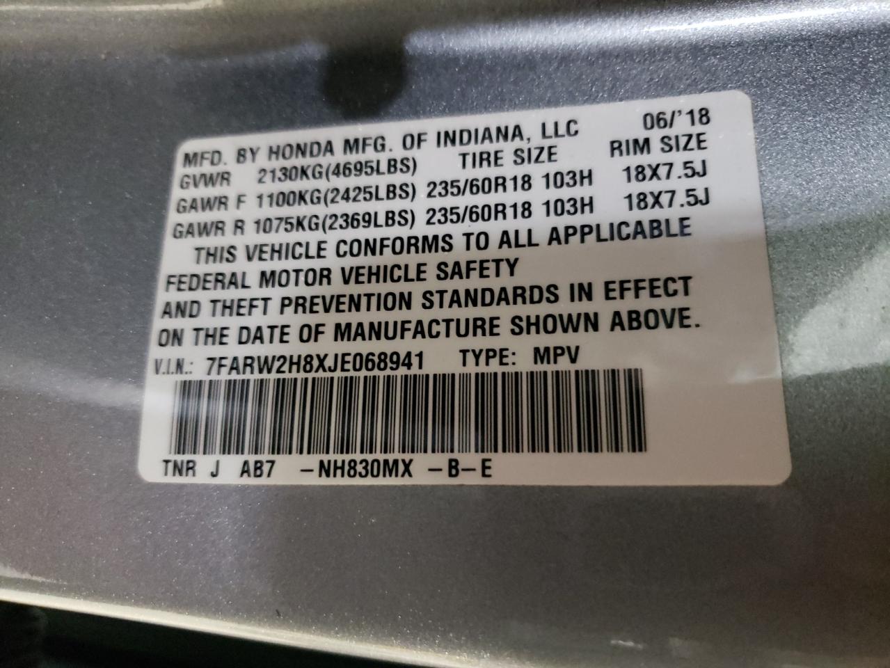 2018 Honda CR-V VIN 7FARW2H8XJE068941 Copart auction photo, front end damage thumbnail 14